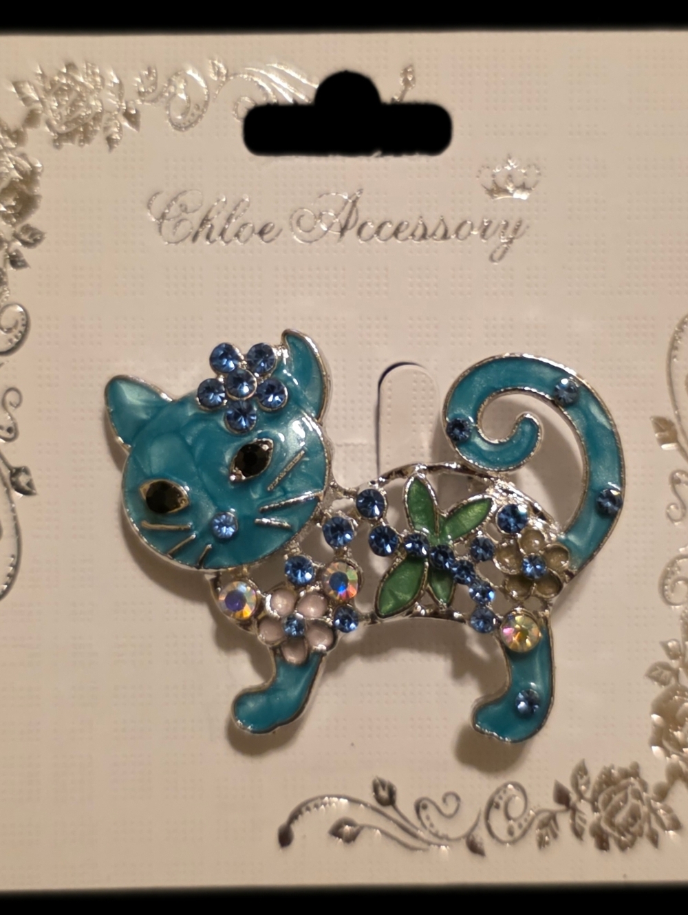 Silvertone Teal Cat Brooch